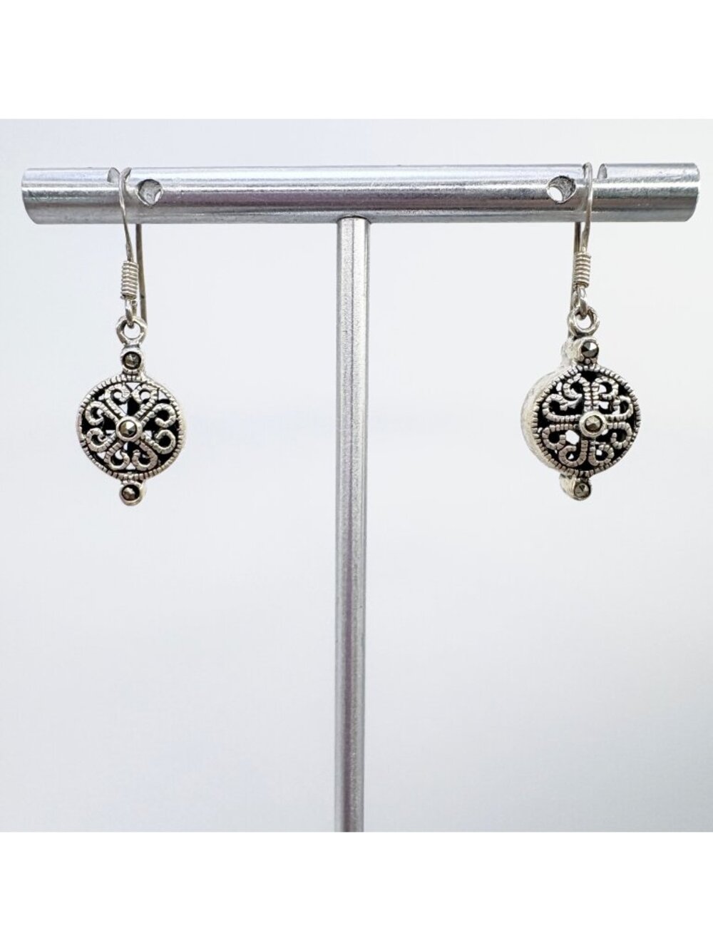 Marcasite Scroll Design Dangle Earrings Sterling Silver 925 Size 1.25" Length